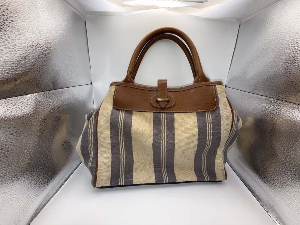Signature Studios Striped Canvas and Brown Leather Satchel Handbag